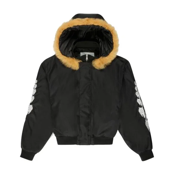 NEW! $2300 Bally of Switzerland Fur Trim Bomber Jacket!BlackEmbroidered Bear
